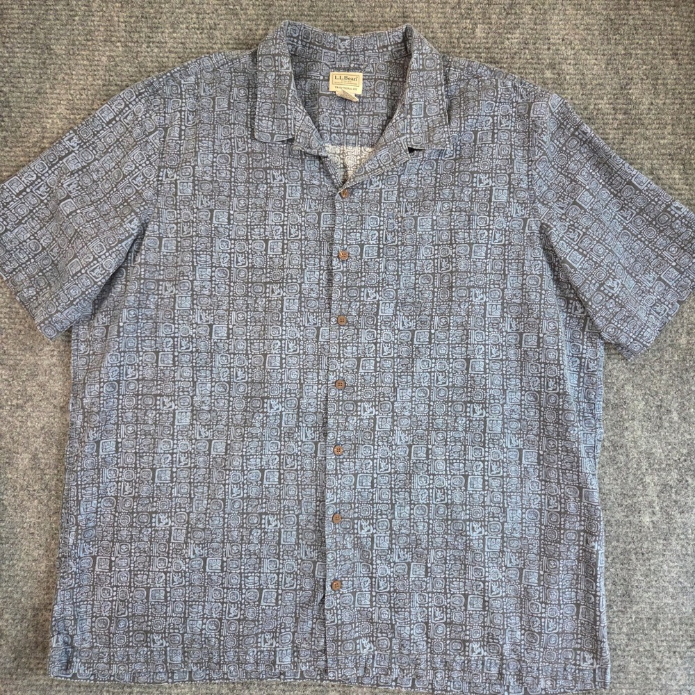 LL Bean Mens XXL Tall Blue Aztec Mayan Glyph Print Cotton Button Down Shirt
